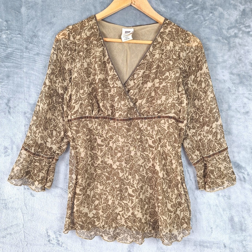 Vintage Womens Top Small Brown Babydoll Y2K Fairy Grunge Floral Velvet Trim Boho